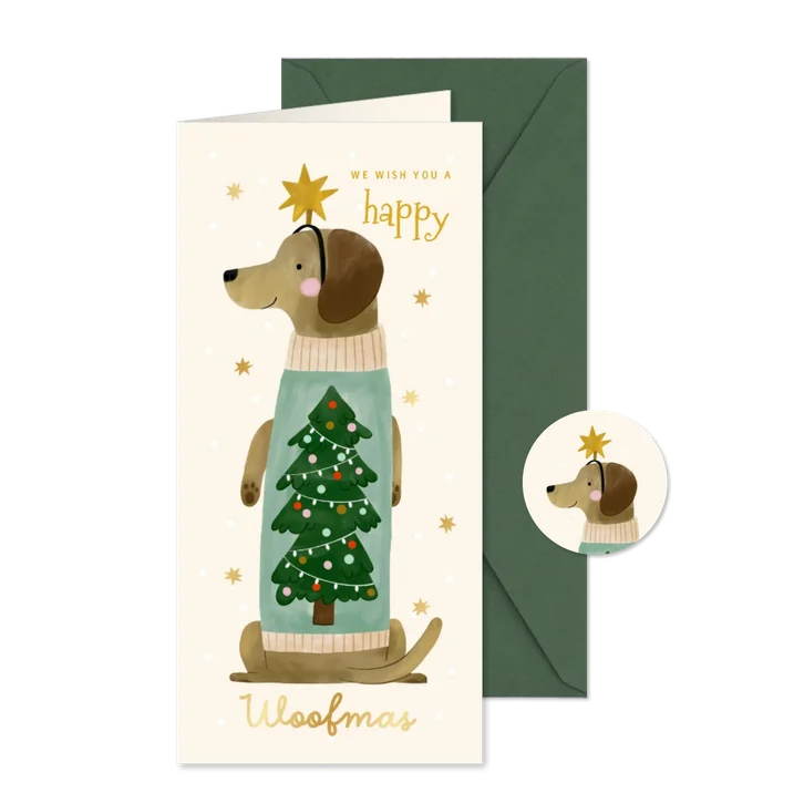 Kerstkaart teckel met kerstboom trui sterren happy woofmas
