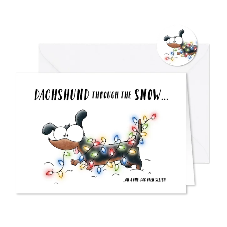 Kerstkaart teckel met lampjes dachshund through the snow