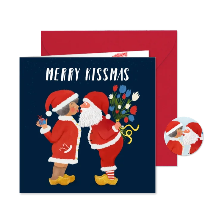 Kerstkaart (tegoedbon) met kussende Kerstman en kerstvrouw