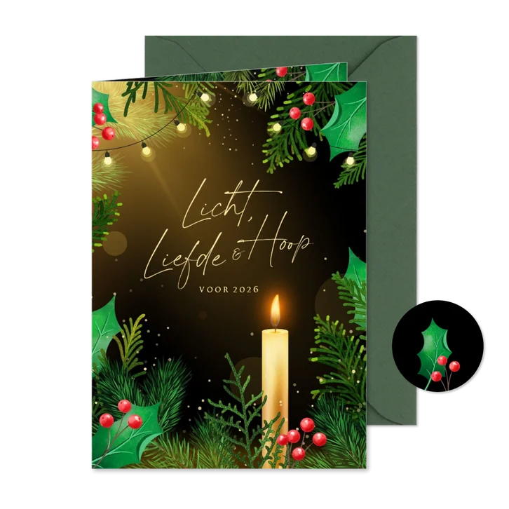 Kerstkaart traditioneel realistische kersttakken en kaars
