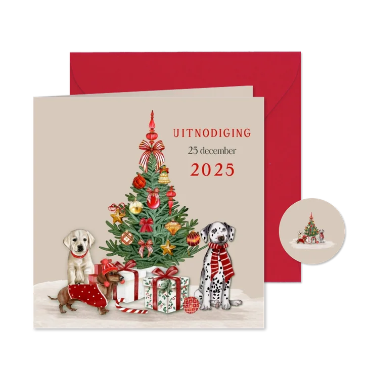 Kerstkaart uitnodiging kerstboom met hondjes