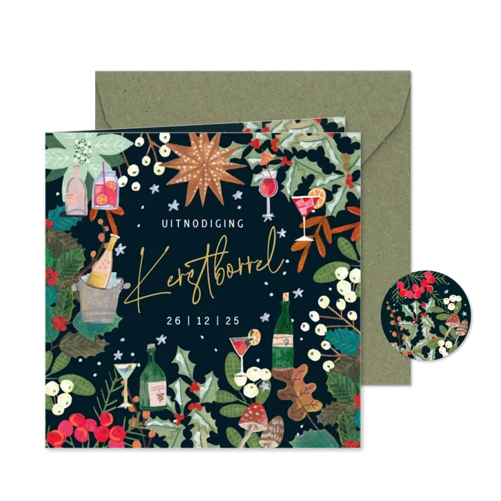 Kerstkaart uitnodiging kerstborrel botanisch