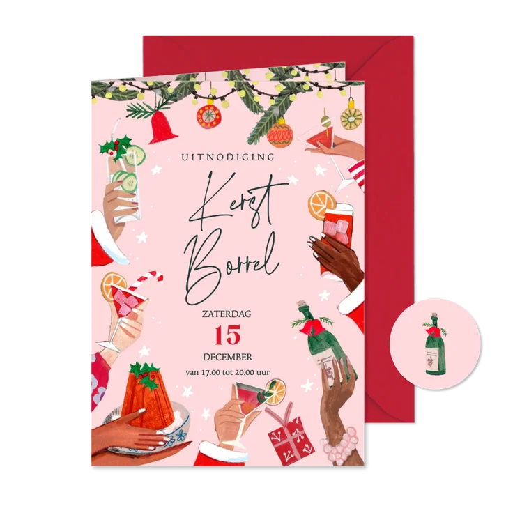 Kerstkaart uitnodiging kerstborrel handen en cocktails