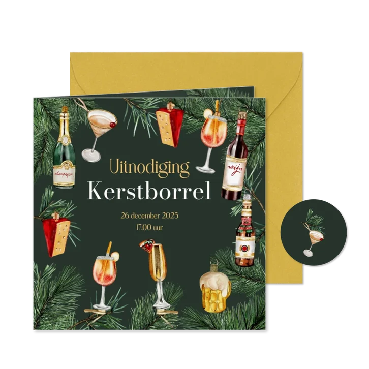 Kerstkaart uitnodiging kerstborrel ornamenten