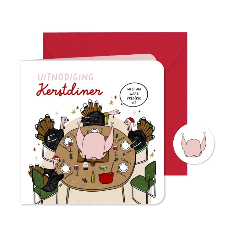 Kerstkaart uitnodiging kerstdiner kalkoen cartoon