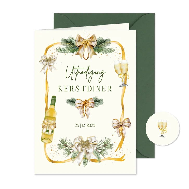 Kerstkaart uitnodiging kerstdiner strikken aan lint