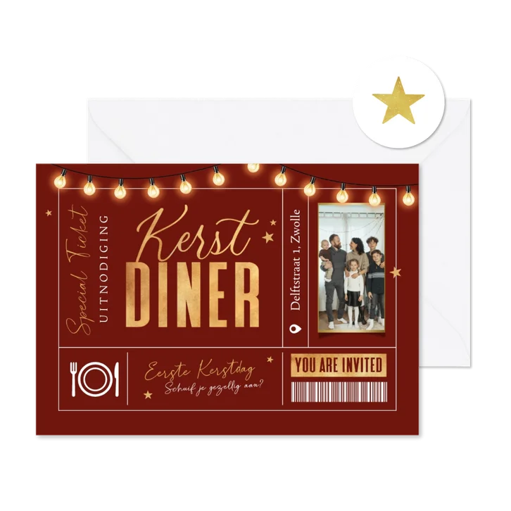 Kerstkaart uitnodiging kerstdiner ticket goud sterren lampje