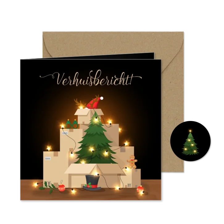 Kerstkaart verhuisbericht verhuisdozen met kerstspullen