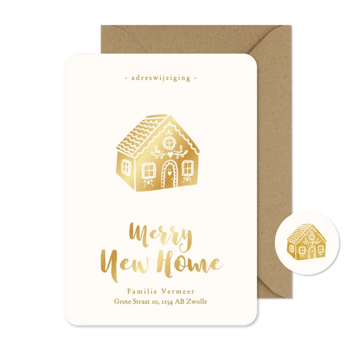 Kerstkaart verhuizing met gouden koekhuisje adreswijziging