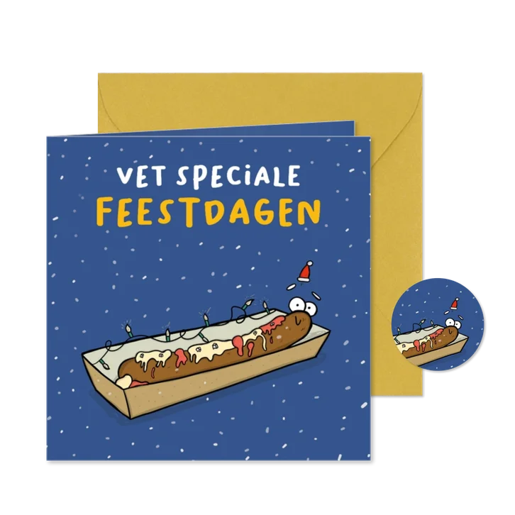 Kerstkaart vet speciale feestdagen frikandel met kerstmuts