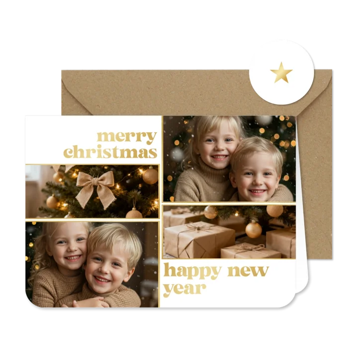 Kerstkaart vier foto's gouden spetters merry christmas 
