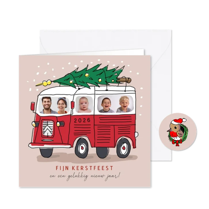 Kerstkaart vintage HY busje met foto's