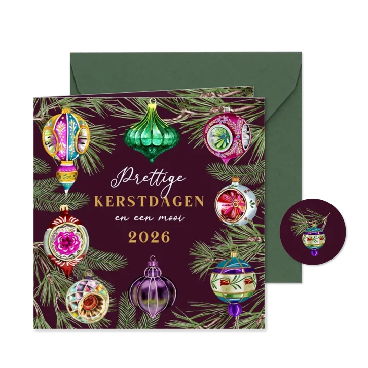 Kerstkaart vintage kerstballen dennentakken