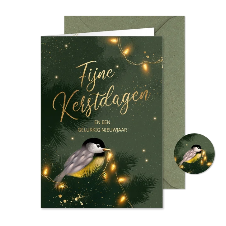 Kerstkaart vogeltje kerst lichtjes