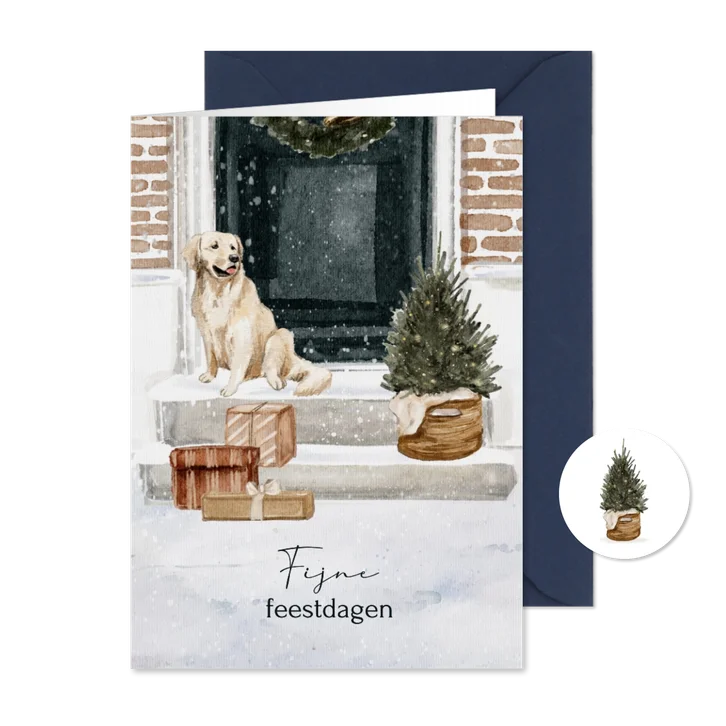 Kerstkaart voordeur blonde labrador cadeautjes 