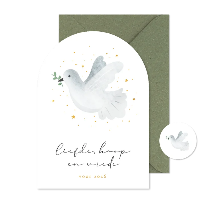 Kerstkaart vrede & hoop - met witte vredesduif met takje