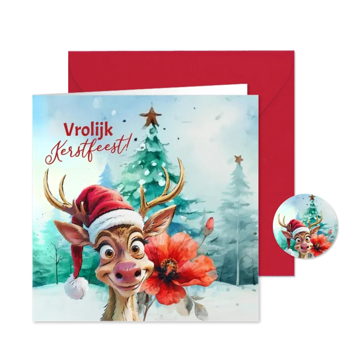 Kerstkaart vrolijk hertje kerstroos