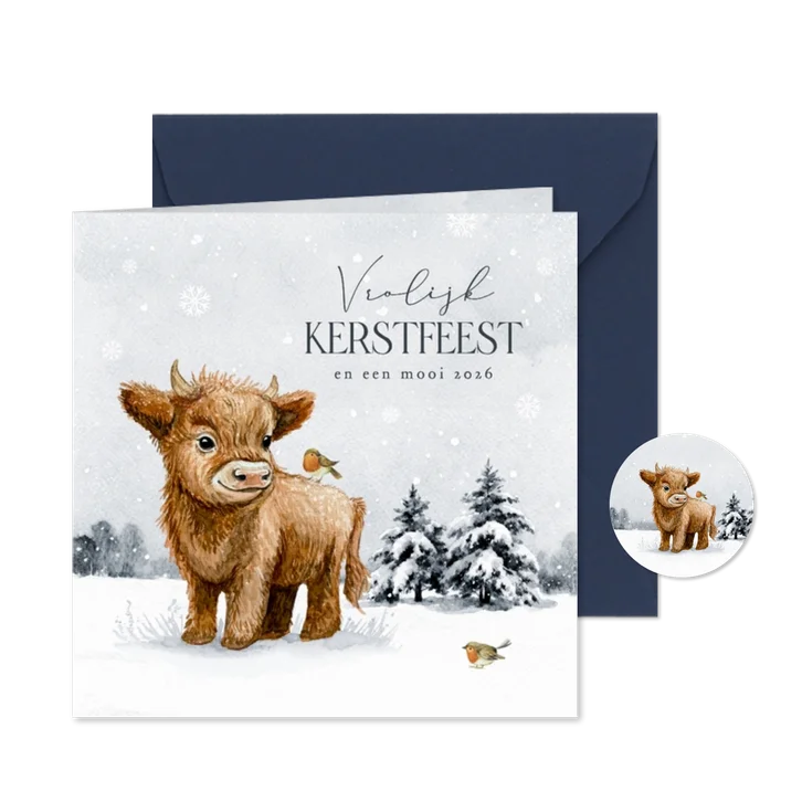 Kerstkaart vrolijk kerstfeest schotse hooglander roodborstje