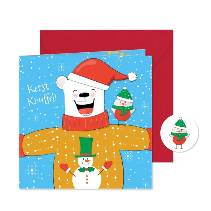 Kerstkaart vrolijk lief knuffel van ijsbeer en roodborstje