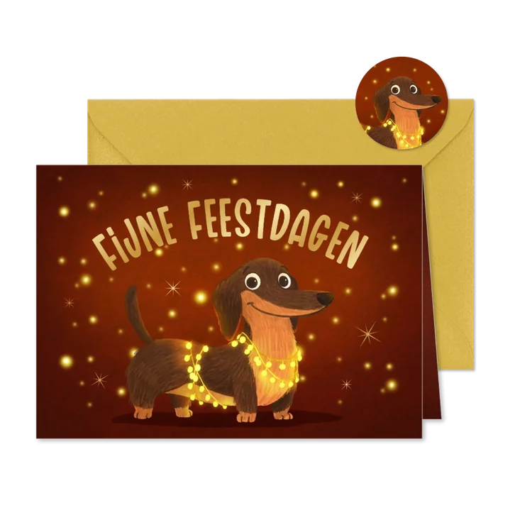 Kerstkaart vrolijk teckel hond lichtpuntjes fijne feestdagen