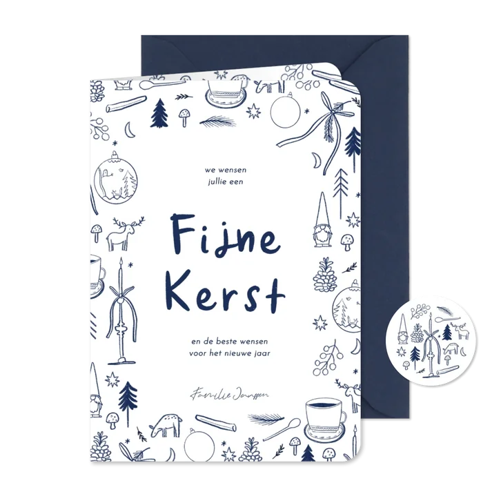 Kerstkaart vrolijke blauwe tekeningen fijne kerst
