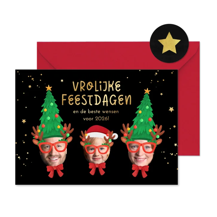 Kerstkaart vrolijke feestdagen kerstmuts bril humor
