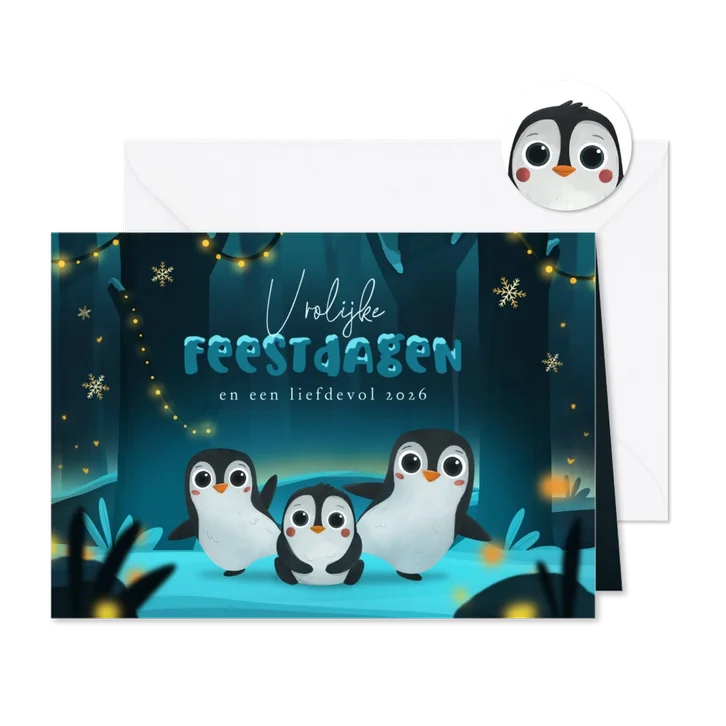 Kerstkaart vrolijke feestdagen pinguïns kinderen winter