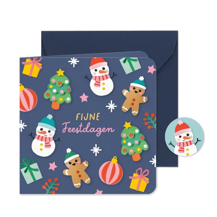 Kerstkaart vrolijke figuren donkerblauw