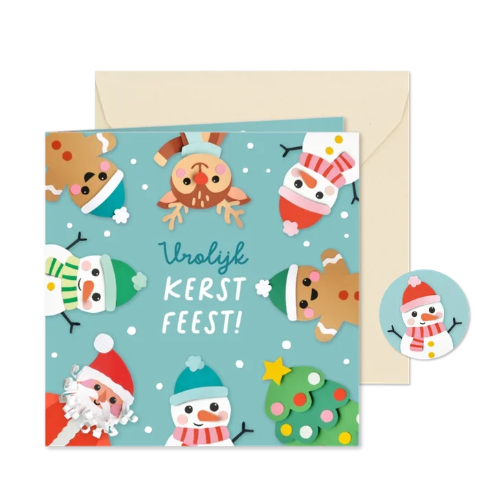 Kerstkaart vrolijke figuren en sneeuw