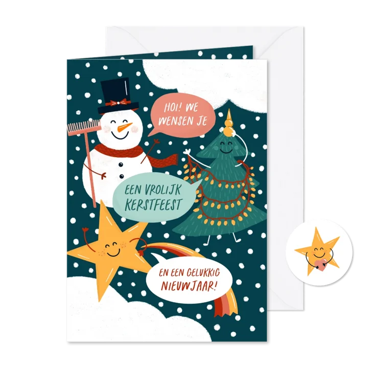 Kerstkaart vrolijke figuren 