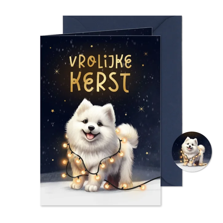 Kerstkaart vrolijke kerst hond Samojeed puppy winter lampjes