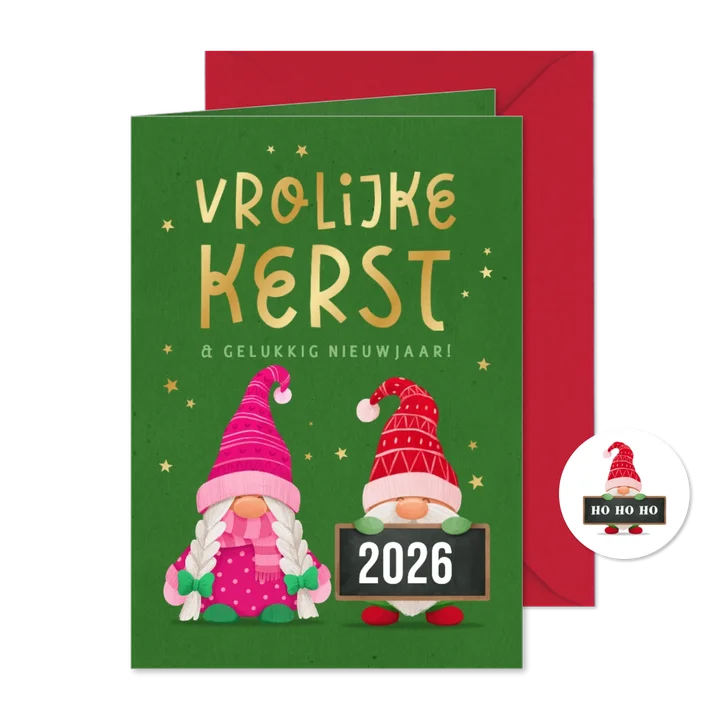 Kerstkaart vrolijke kerstkabouters gnome sterren goud 2026