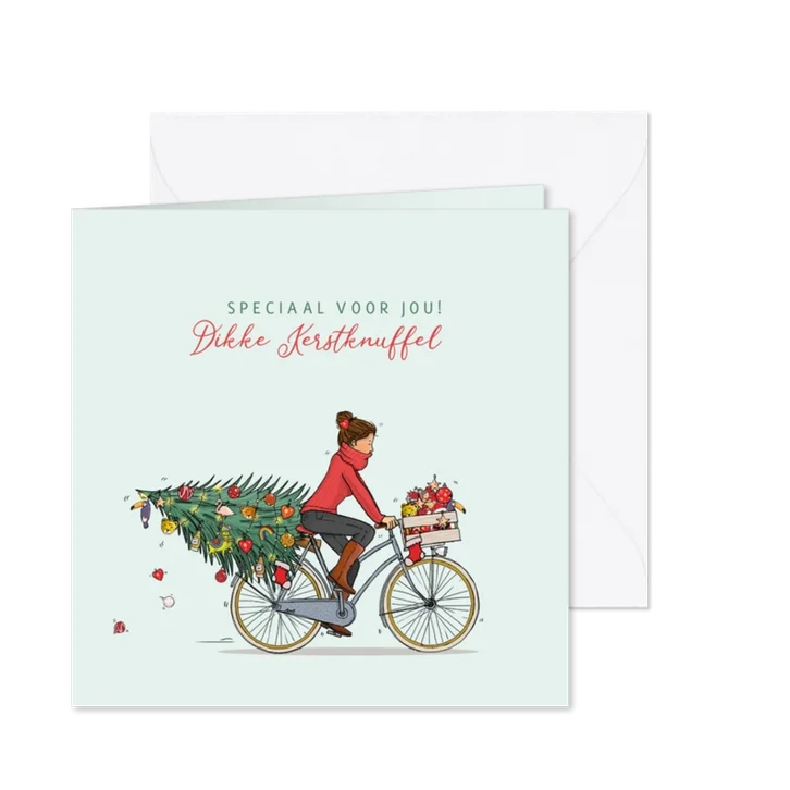 Kerstkaart vrouw met fiets kerstboom
