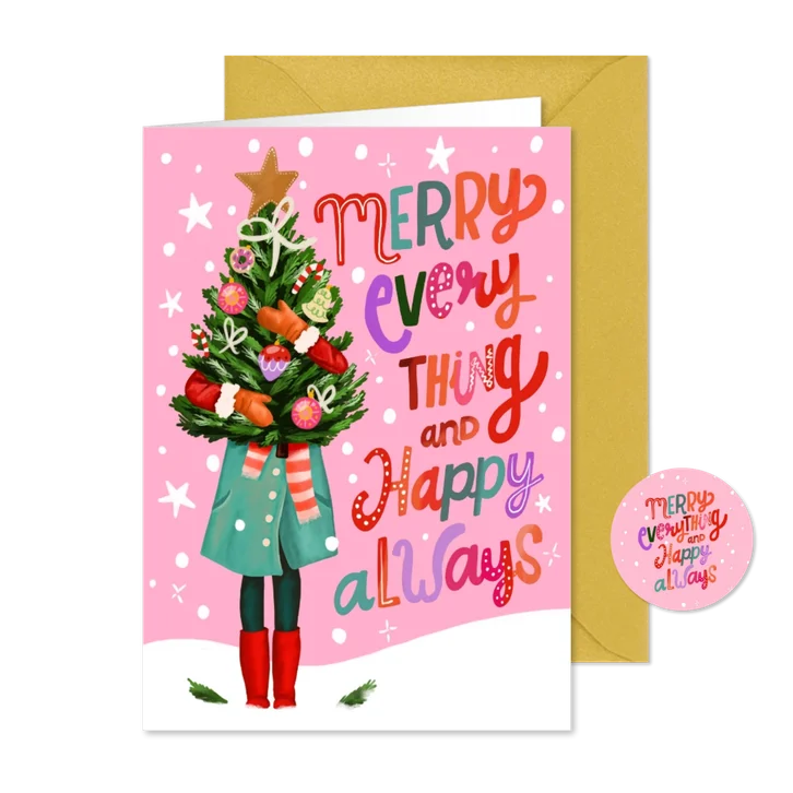 Kerstkaart vrouw met kerstboom merry everything happy always