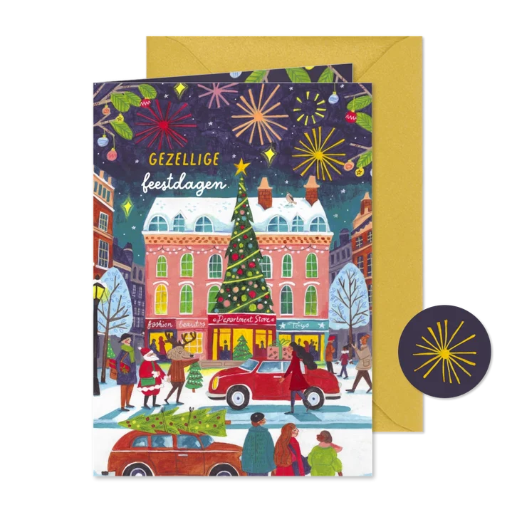 Kerstkaart vuurwerk in de stad met sneeuw