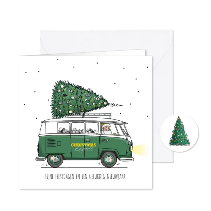 Kerstkaart VW bus groen met boom