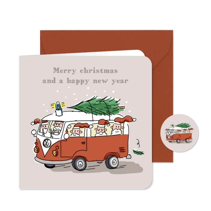 Kerstkaart vw busje met 5 kerstmannen en kerstboom