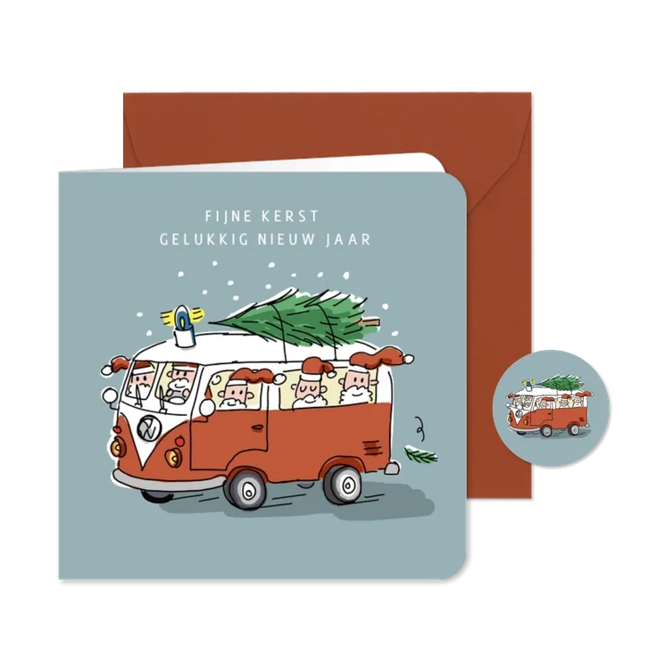 Kerstkaart vw busje met kerstmannen en kerstboom