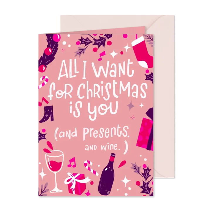 Kerstkaart wijn en cadeaus