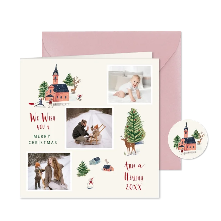 Kerstkaart winter chalet eerste kerst