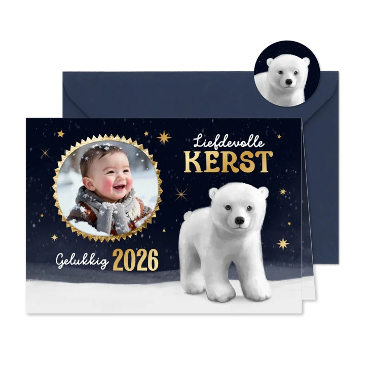 Kerstkaart winter ijsbeer foto sterren goud fijne kerst 2026