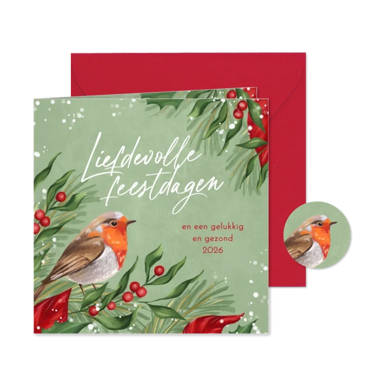 Kerstkaart winter roodborstje takjes sneeuw groen