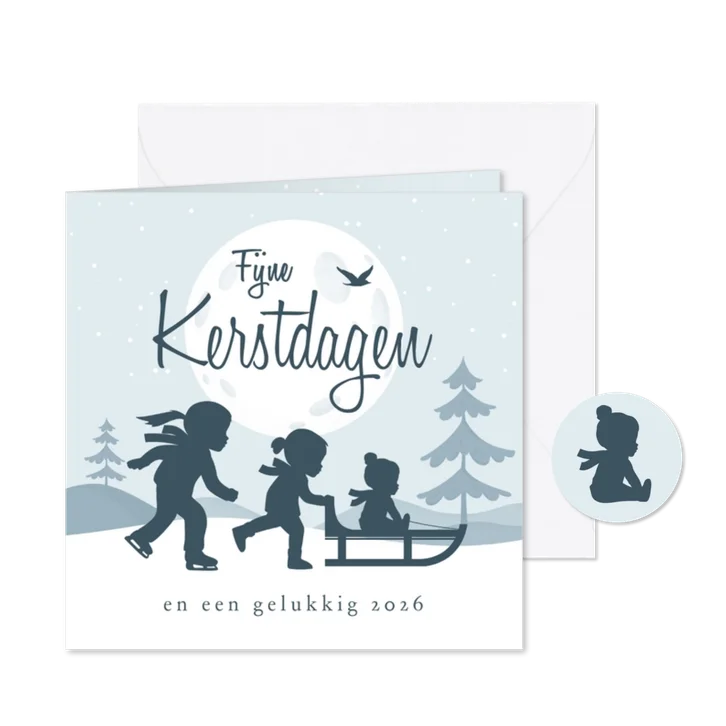 Kerstkaart winter silhouetjes kinderen landschap maan