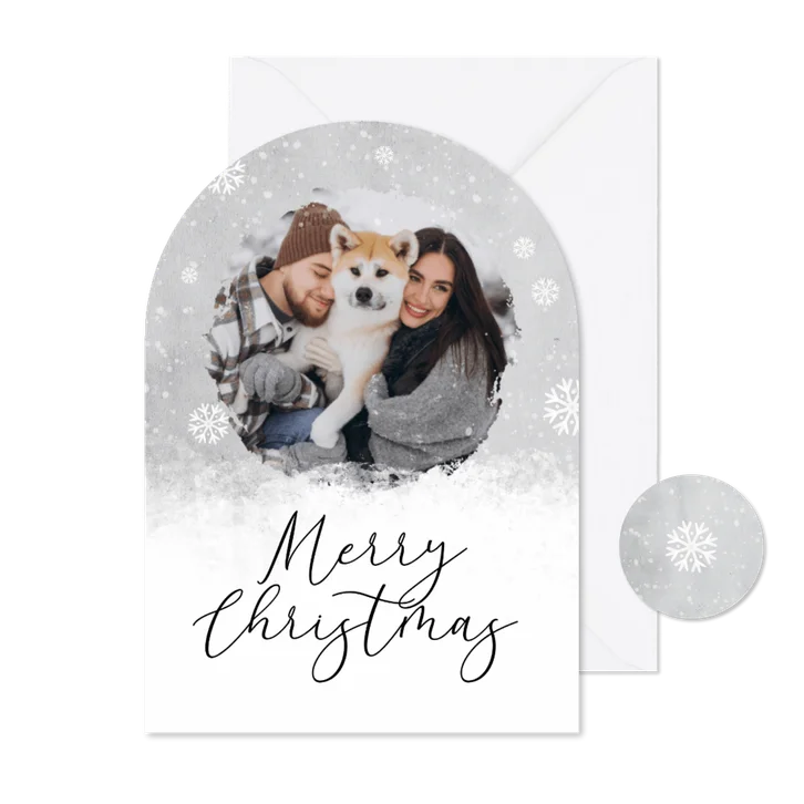 Kerstkaart winter sneeuwvlokken ijs foto boogkaart grijs