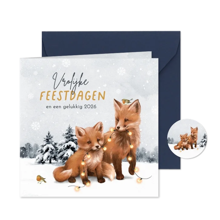 Kerstkaart winter vosjes landschap kerstlampjes