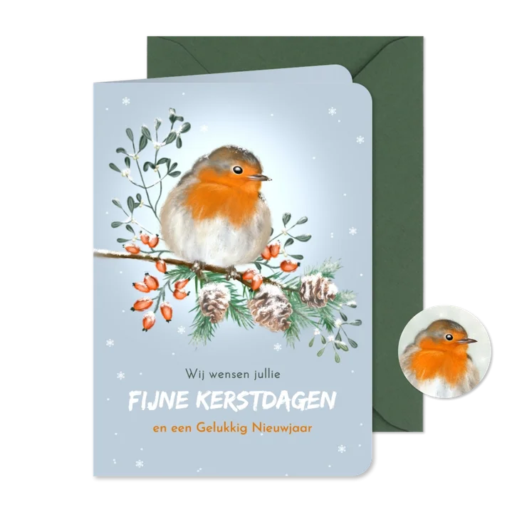 Kerstkaart winters roodborstje met kerstgroen
