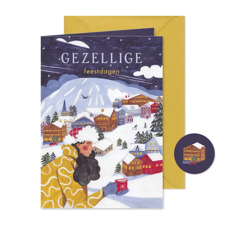 Kerstkaart wintersport vrouw in berg landschap