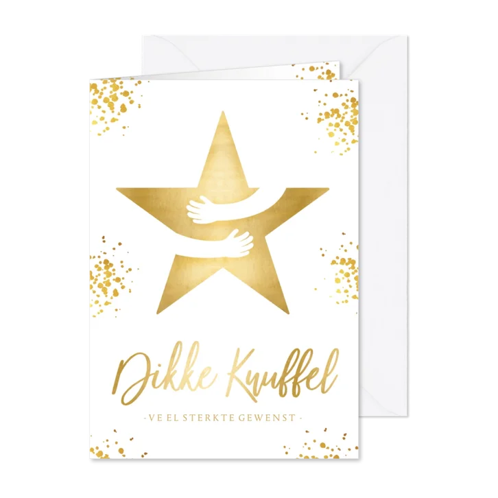 Kerstkaart wit - dikke knuffel ster in goud met omarming