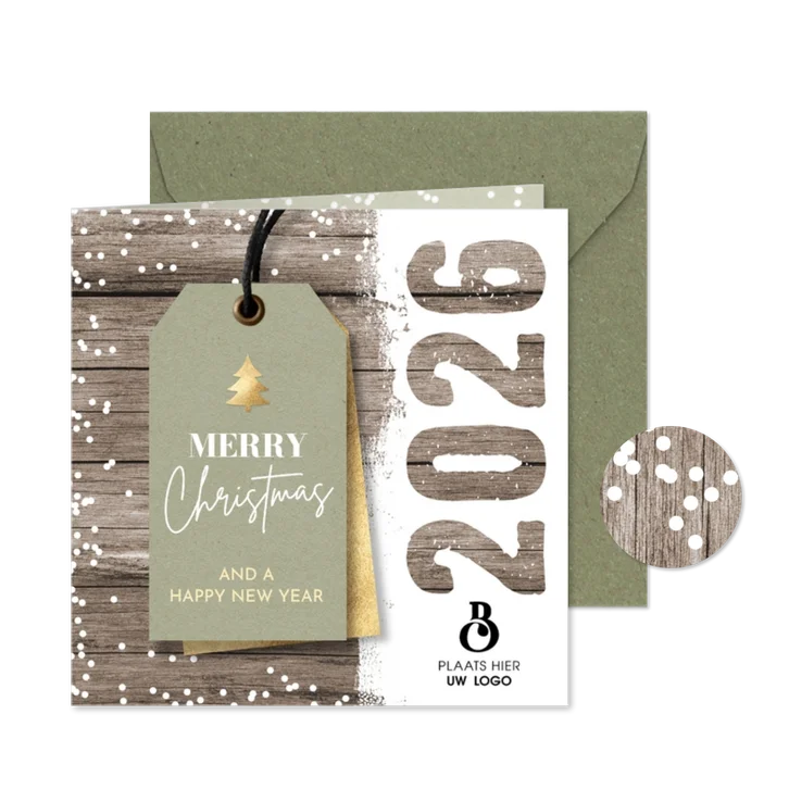 Kerstkaart zakelijk label 2026 en logo op hout