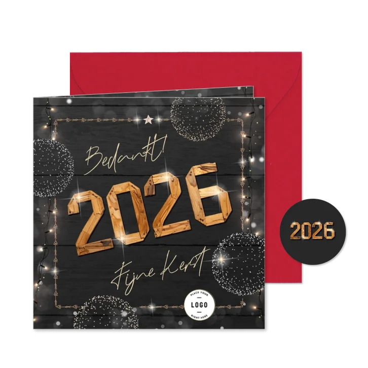 Kerstkaart zakelijk met houten jaartal en frame van lichtjes